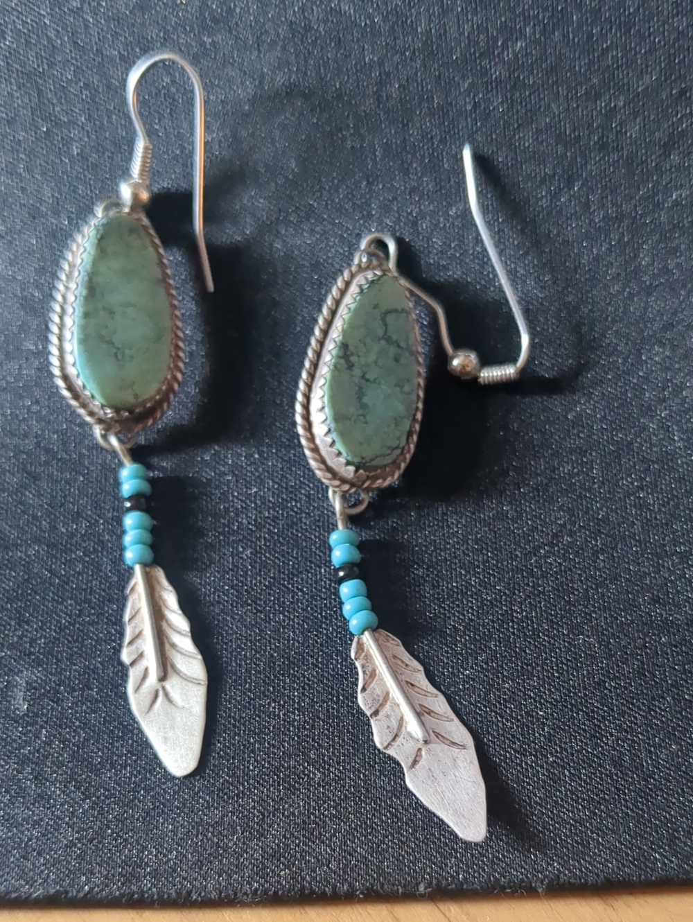 Vintage Southwestern Turquoise Stamped Feather Beaded Drop Earrings